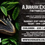 A fun-filled poster for the Jurassic Experience event featuring dinosaurs and children.